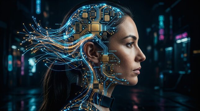 A side profile of a real human face seamlessly blending into a complex, intricate network of glowing fiber optics and golden microchips, dark elegant background, cyberpunk minimalism, digital twin con