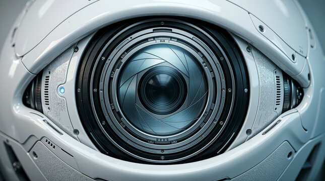 Futuristic AI robotic eye with camera lens aperture, symbolizing modern surveillance and intelligent monitoring technology
