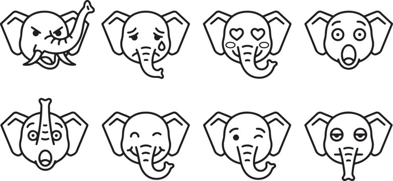 Collection of cute elephant head icons showing various emotional expressions designed as simple black and white line art vector graphics