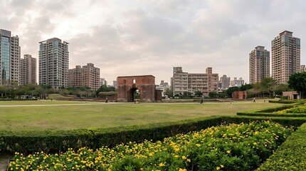 Obraz premium Panoramic view of the historic fort provintia ruins in tainan, taiwan, surrounded by modern residential highrise buildings