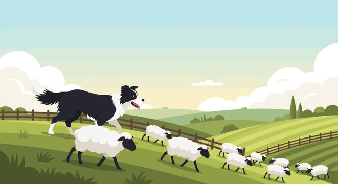 Intelligent Border Collie Dog Actively Herding a Flock of Sheep in a Vast Rural Pasture