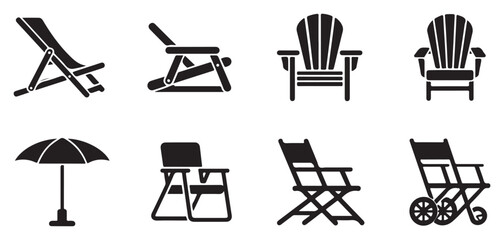 Collection of black glyph icons featuring outdoor folding beach chairs and summer parasol designs. © MdSamsul