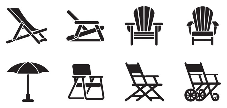 Collection of black glyph icons featuring outdoor folding beach chairs and summer parasol designs.