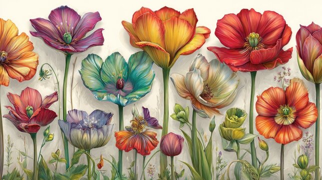 Diverse assortment of vibrantly colored, stylized blossoms arranged across a light background