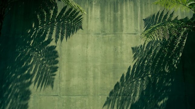 Brutalist concrete wall intersected by sharp tropical fern leaf shadow, offering green empty space for website hero banner and organic vitality concept