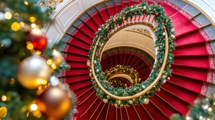Obraz premium Festive Christmas Decorations Adorning an Elegant Spiral Staircase with Red Carpet and Golden Accents