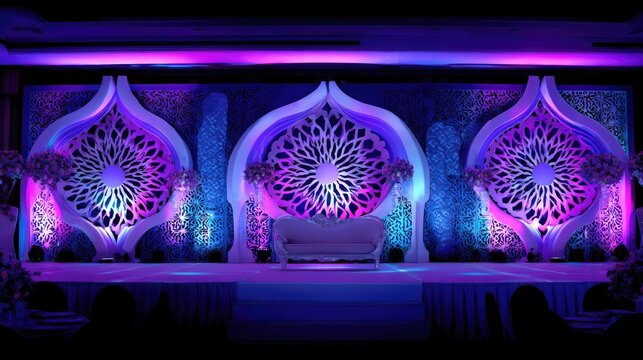 Ornate cultural stage backdrop illuminated with vibrant purple and blue lighting for an event