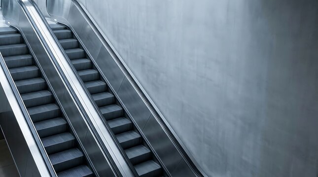 Metallic corporate escalator next to concrete wall providing negative space for advertising copy, concept of minimalist efficiency and urban transit