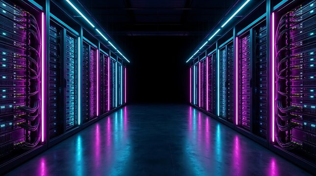 Server room rack with magenta and cyan neon led light offering dark corridor copy space, concept of tech startup marketing and cloud computing banner