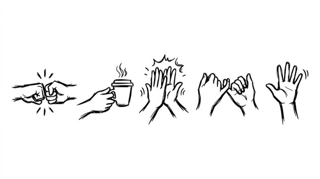 Doodle vector silhouette hand icons showing friendship vibes: fist bump with rough sketch line, hand holding coffee cup offering, playful high-five motion, linked pinky promise hands, and casual wave 