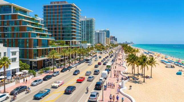 A busy boulevard road running parallel to a scenic beach featuring modern high rise condominiums and palm trees under a bright blue sky, perfect for showcasing a vibrant coastal travel destination.