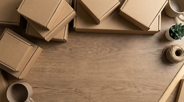 Top-down view of stacked cardboard shipping box on wooden desk providing copy space, concept of e-commerce packaging and corporate sustainability