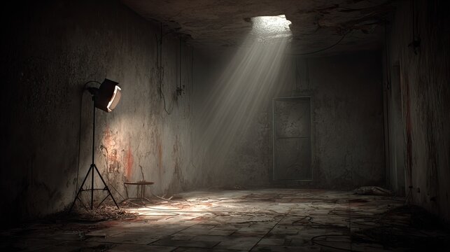 Illumination streaks downward through a hole in the ceiling of a dilapidated, empty room containing a single artificial light source
