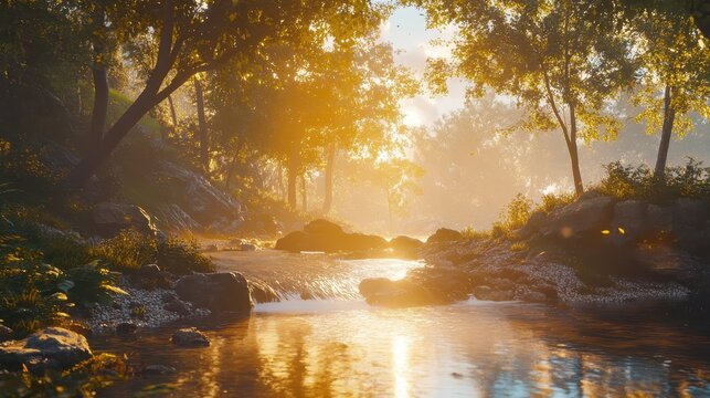 Golden sunlight illuminates a tranquil mountain river flowing over rocks through a lush forest, reflecting the vibrant trees and serene sky.