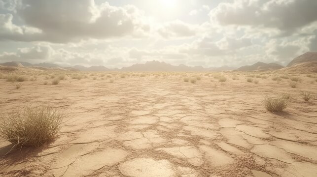 Cracked and Dry Desert Landscape Under Overcast Skies Showcasing Land Degradation