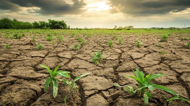 Cracked dry soil with struggling seedlings under dramatic overcast sky, showcasing rural land degradation and agricultural challenges.