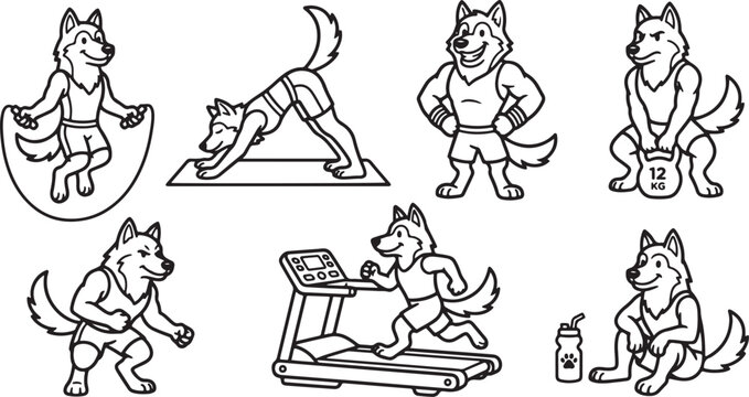 Collection of black and white line art illustrations featuring a cute wolf character performing various different sports and fitness activities