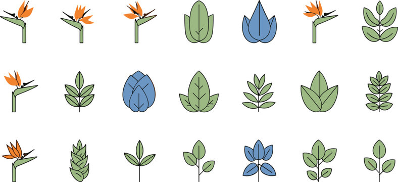 Bird of paradise minimalist vector icon set featuring geometric tropical strelitzia flowers green and blue stylized leaves