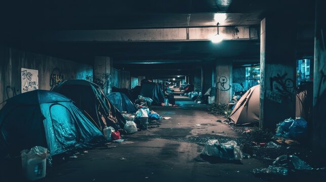 Homeless encampment set up under a city overpass with tents and plastic bags visible in muted tones