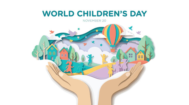 World Children's Day banner with paper cut art style, November 20 celebration concept with kids and hot air balloon, caring hands holding a colorful village isolated on White Background