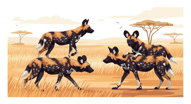 African Wild Dogs Hunting Together in a Dynamic Action Scene