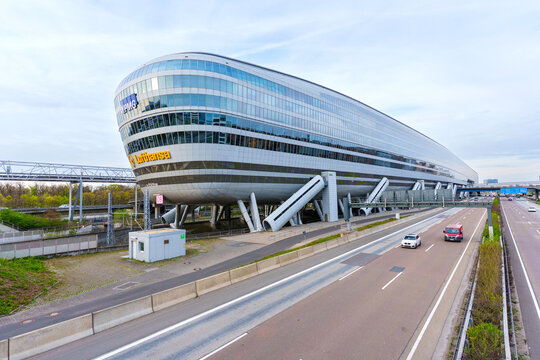 Frankfurt am Main, Germany - April 10, 2026: Futuristic Architecture of the Squaire Frankfurt
