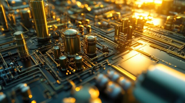Intricate golden technological circuitry landscape with glowing details, representing futuristic innovation and connectivity