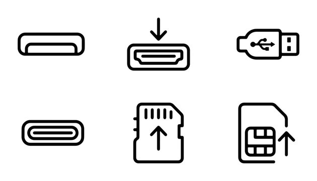 Technology Connection Icons: USB, HDMI, SIM Card, SD Card, USB-C, Type-C Ports for Digital Devices and Gadgets