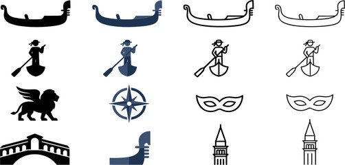 Venetian Culture and Gondola Icon Collection Featuring Masks, Lions, Bridges, and Traditional Canal Symbols for Travel and Heritage Designs © Md Monjurul