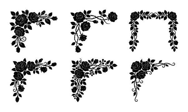 Black Rose Corner Ornaments, Vintage Floral Decorative Elements, Elegant Victorian Flourishes, Set of 6 Vector Graphics