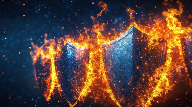 Dynamic Digital Shields Ablaze with Fiery Energy Representing Cybersecurity Protection