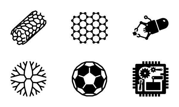Nanotechnology Icons: Carbon Nanotube, Graphene, Nanobot, Microstructure, Soccer Ball, Microchip Set