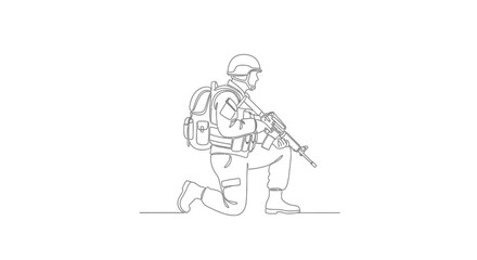 Single continuous line drawing of a kneeling soldier in tactical gear holding a rifle. © Dhiyak