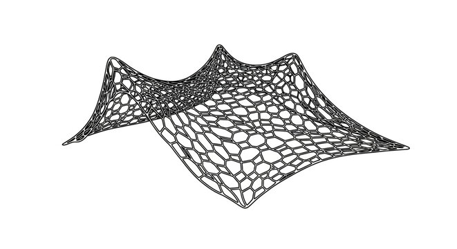 Abstract parametric mesh structure with hexagonal pattern on white background