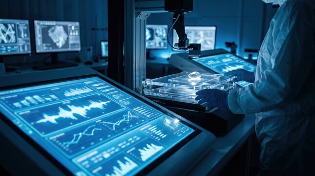 High-tech forensic laboratory examining trace evidence with digital scanning equipment and glowing analysis interface in cinematic blue lighting scientific investigation environment