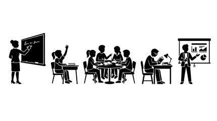 Fototapeta premium Comprehensive vector silhouette collection showcasing the diverse stages of educational and professional development, from interactive classroom learning to collaborative business meetings