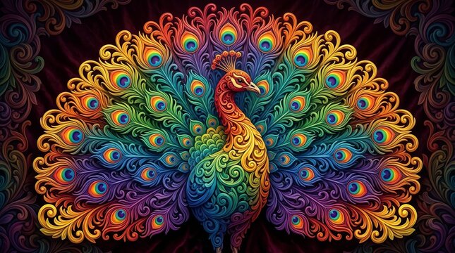 Majestic peacock displays a vibrant rainbow of intricate feather patterns.