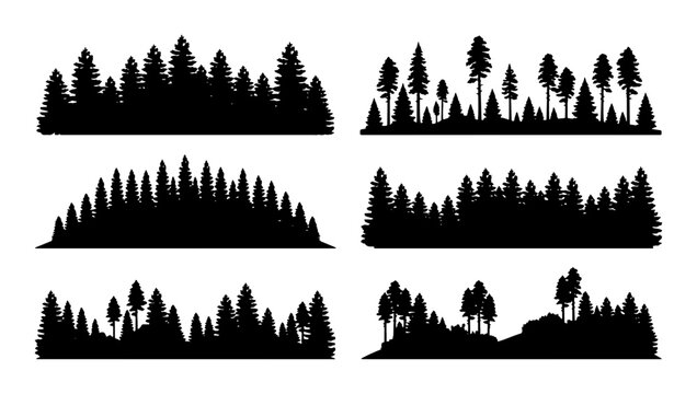 Black Silhouette Forest Landscape Vectors, Pine Tree Woodland Borders, Evergreen Nature Scene Elements for Outdoor Design, Wilderness Backgrounds, and Natural Graphics