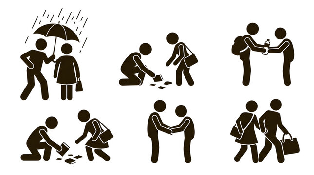 Illustrative set of stick figure icons depicting fundamental human interactions, showcasing acts of kindness, helpfulness, and positive social connections in various scenarios
