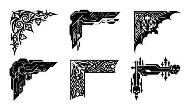 Gothic and Cyberpunk Corner Ornaments, Ornate Decorative Borders, Vector Elements for Design Projects, Black and White Graphic Accents