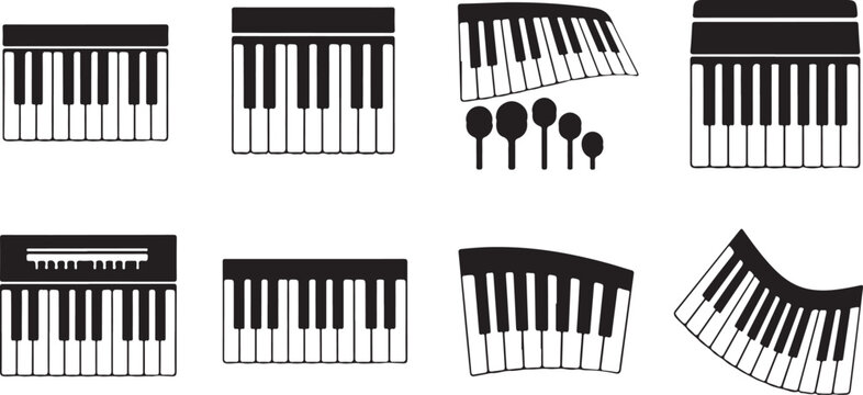 Piano keyboard icons, music instrument graphics, vector pianos, musical keys
