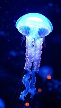 Bioluminescent jellyfish underwater with glowing tentacles