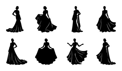 Elegant Black Silhouette Gowns, 8 Vector Fashion Poses, Formal Evening Wear Collection, Bridal & Prom Dress Designs © Nusrat