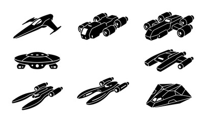 Futuristic Spaceship Icons Set: Sci-Fi Craft Vector Collection, Galactic Exploration Vessels, Alien UFO Designs © Trisha