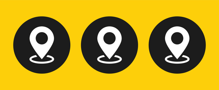 Three circular location pin icons on bright yellow background navigation and gps concept
