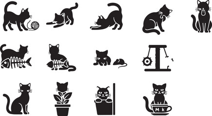 Obraz premium Black Cat Icons, Feline Silhouettes, Kitten Graphics, Pet Symbols
