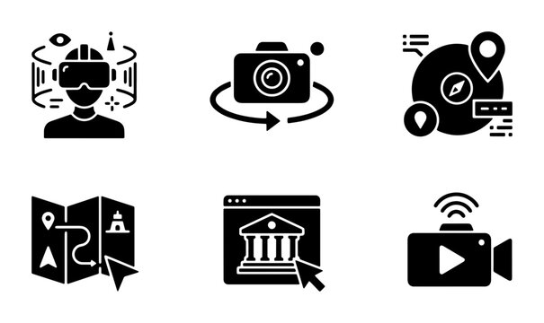 Virtual Reality VR Headset, 360 Camera, Navigation Map Icons Set. Digital Technology and Travel Planning Graphics.