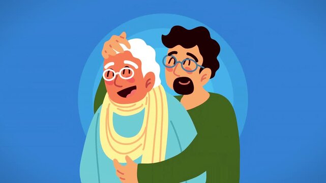 Happy adult son hugging his senior elderly father affectionately from behind against a blue background.