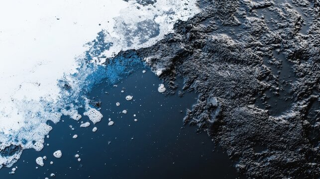 Polluted dark water surface with thick sludge and white foam, representing environmental contamination and decay.