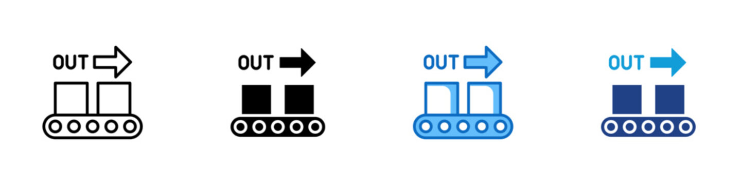 Product Output Multiple Style Icon Design Vector - Conveyor with outgoing packages representing shipment processing, product output, and warehouse distribution